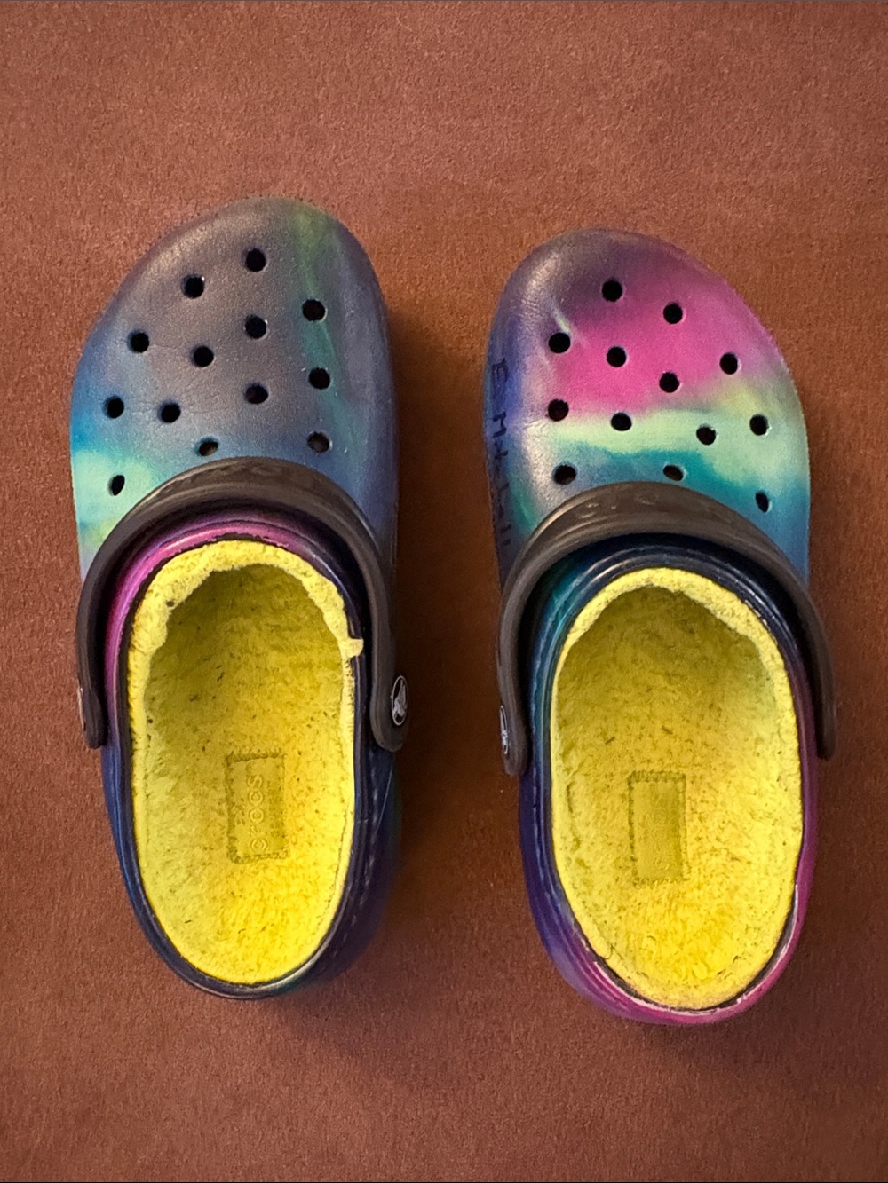 CROCS Kids Tie-Dye Foam Clogs with Yellow Liner